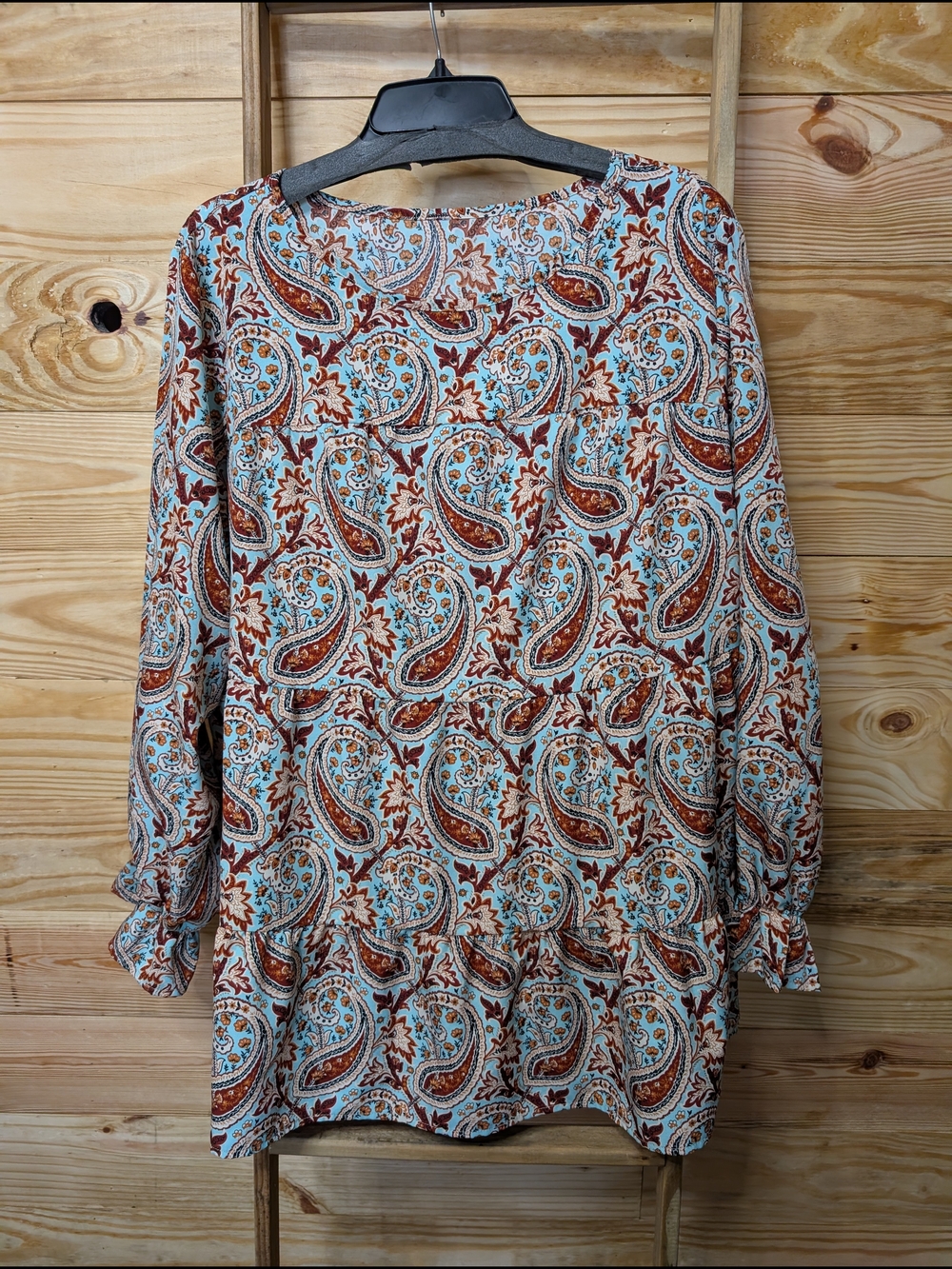 SHEIN Paisley Print Long Sleeve Blouse in Light Blue and Rust